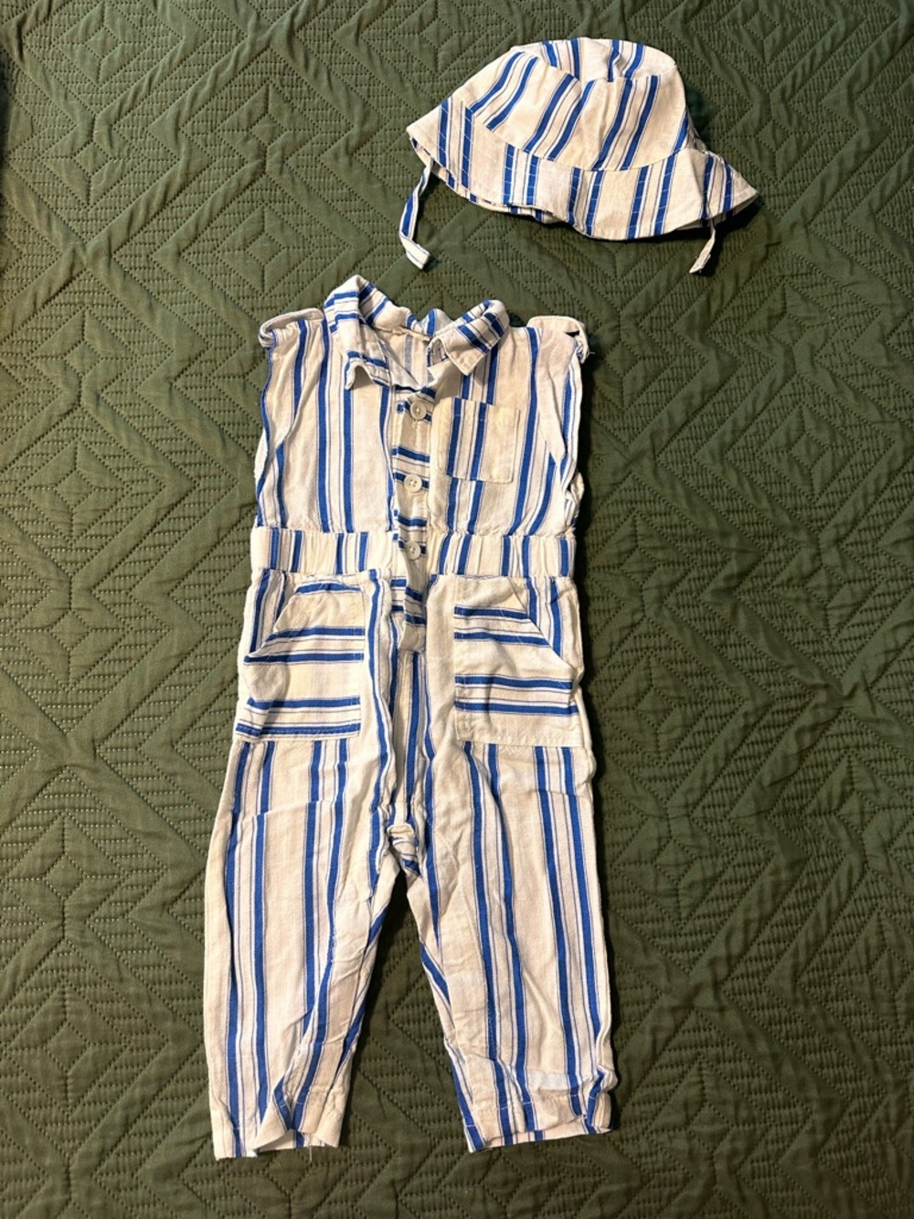 ⭐️5/$25⭐️ Striped Blue and White Kids Jumpsuit with Matching Hat